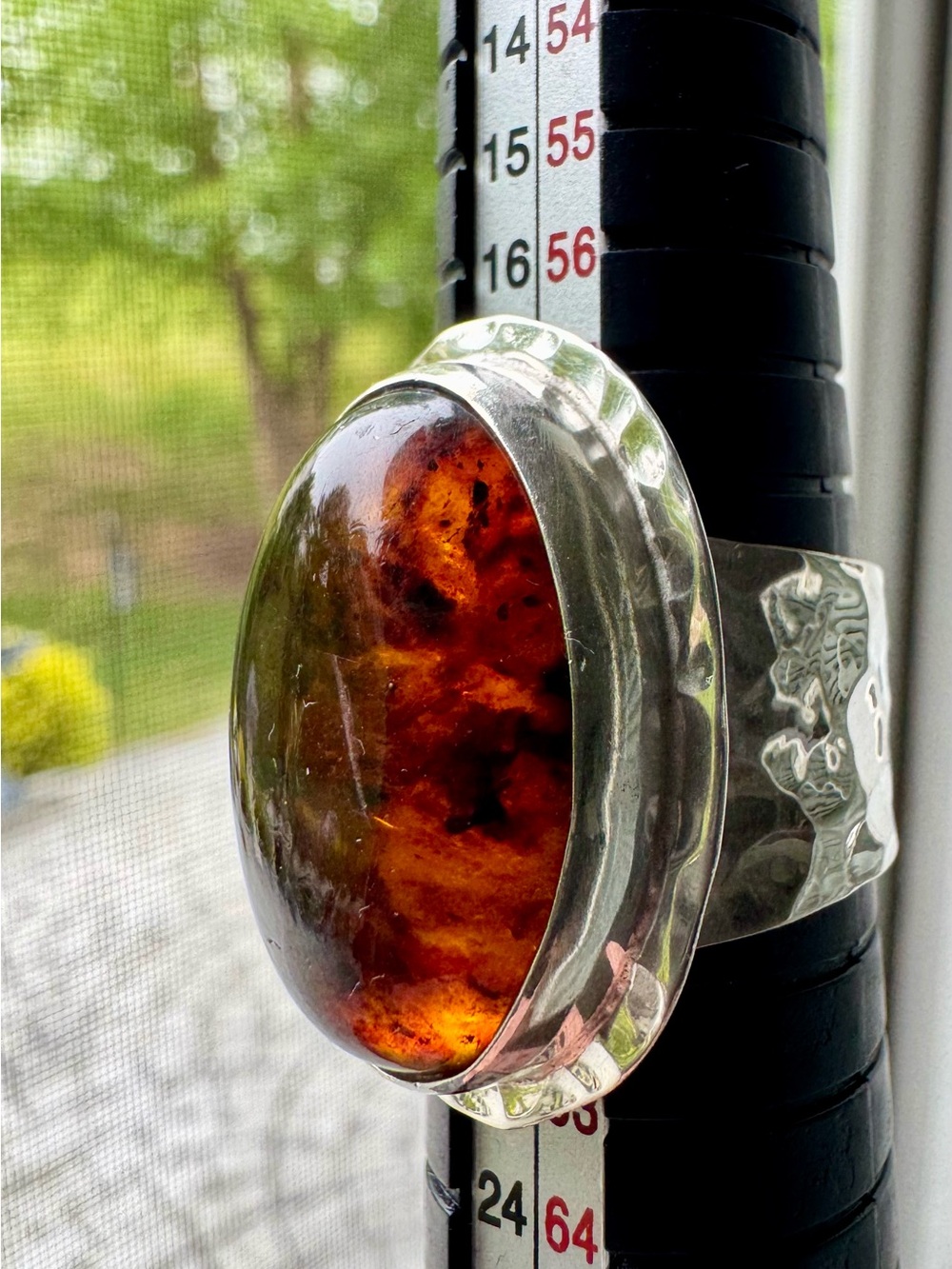 Large Amber Cabochon Mexico Statement Ring in Sterling Setting Size 9